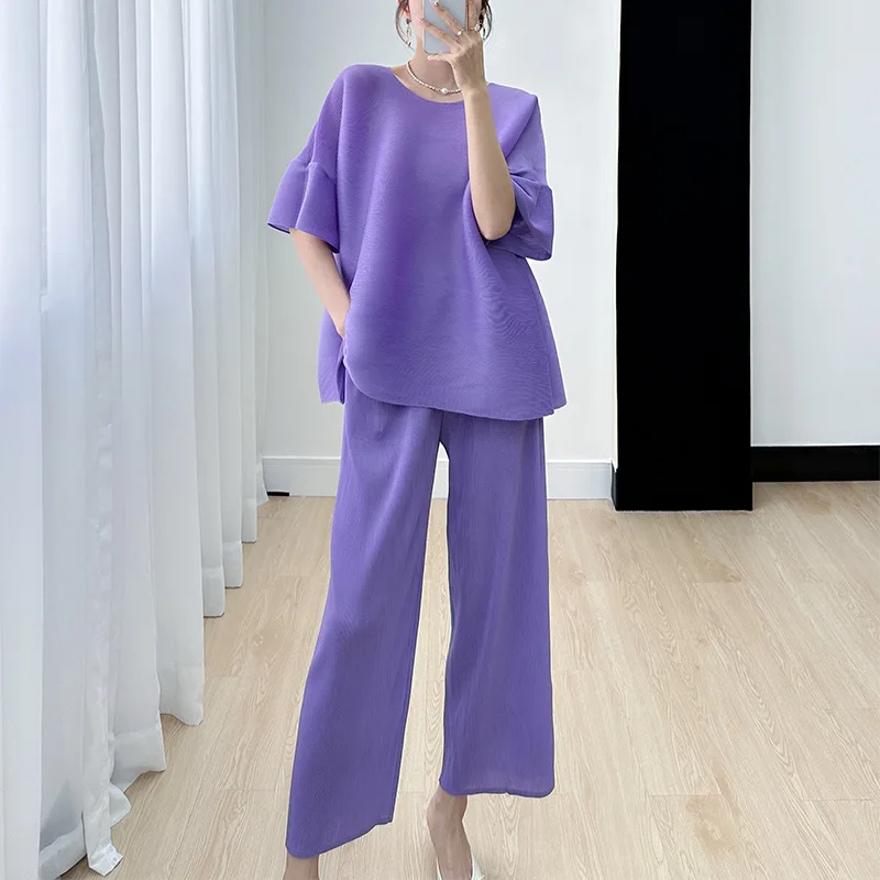 

Fashion Miyake Pleated Suit Loose Simple Solid Color Short Sleeve Pleated Top + Pants Two-Piece Set Women's 2023 Summer New