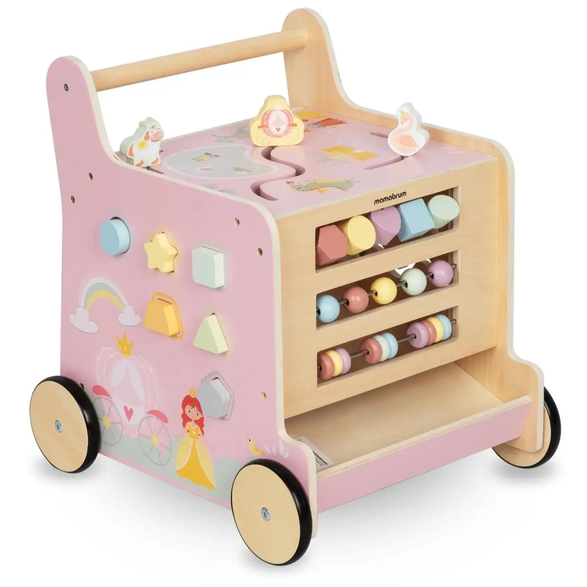 Mamabrum houten loopwagen 2-in-1 leerblok duw speelgoed voor baby Montessori speelgoed motorische vaardigheden ontwikkeling 18m+ roze