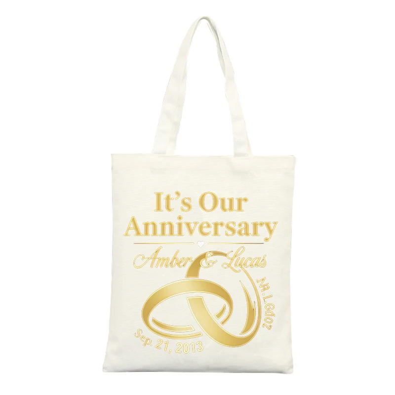 Couple's Canvas Tote Bag with Anniversary Ring and Letter Print, Ideal for Daily Use and Special Occasions