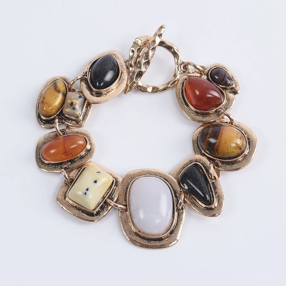 

Vintage Multicolored Natural Stone Bracelet for Women Golden Jewelry Irregular Boho Unique Artistic Accessory for Daily Wear