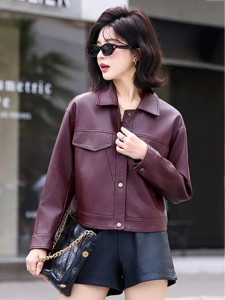 Nuovo Donne Primavera Autunno Pelle spaccata Giacca Moda Colletto risvoltato Monopetto Cappotto corto Casual Giacca di pelle Donna