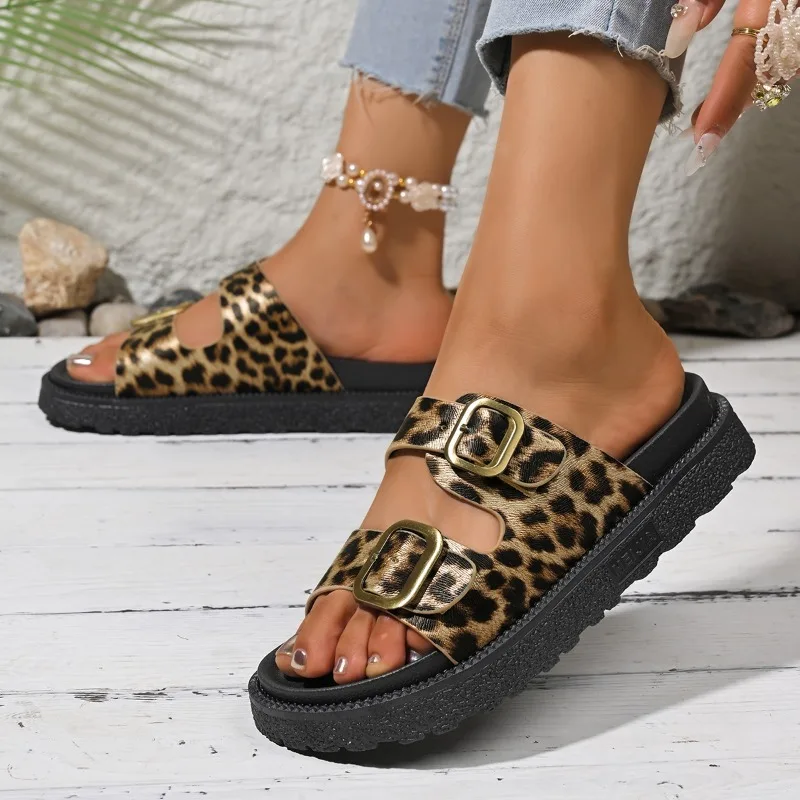 

Summer Women's Leopard Sandals Classic Fashion Trend Sexy Open Toe Thick Bottom Buckle Women's Beach Slippers Босоножки Женские