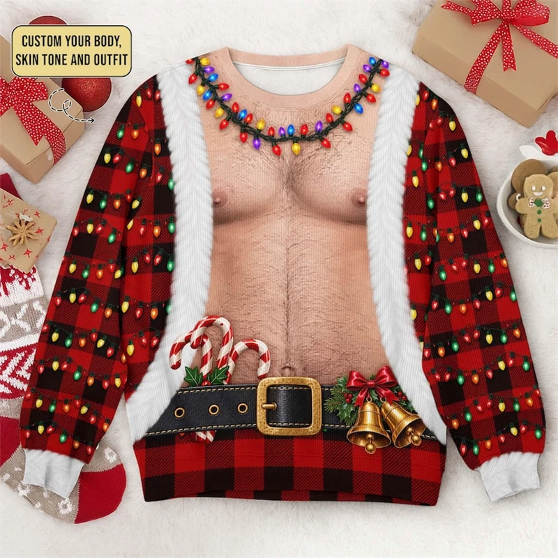 Lustiges Weihnachtsshirt mit Muskel-Weihnachtsmann-Motiv, 3D-Druck, hässlicher Pullover, Rundhalsausschnitt, lange Ärmel, Festtagskostüm, Herren- und Damen-Geschenk. – Detail 4