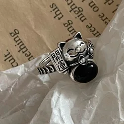 925 Sterling Silver Open Finger Ring Lucky Cat Good Fortune Black Vintage Cute For Women Jewelry Gift Dropship Wholesale