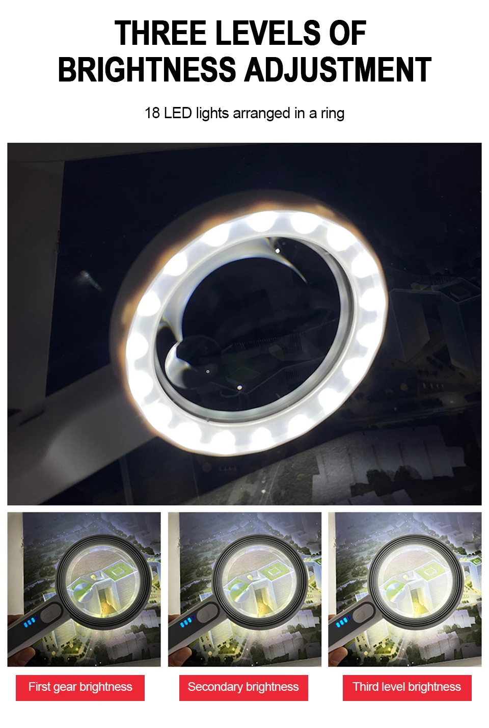 Handliche, wiederaufladbare Lupe mit LED-Licht, 3 Modi, beleuchtete Lupe für Senioren, zum Lesen, für Reparaturen, zum Basteln und zur Inspektion. – Detail 5