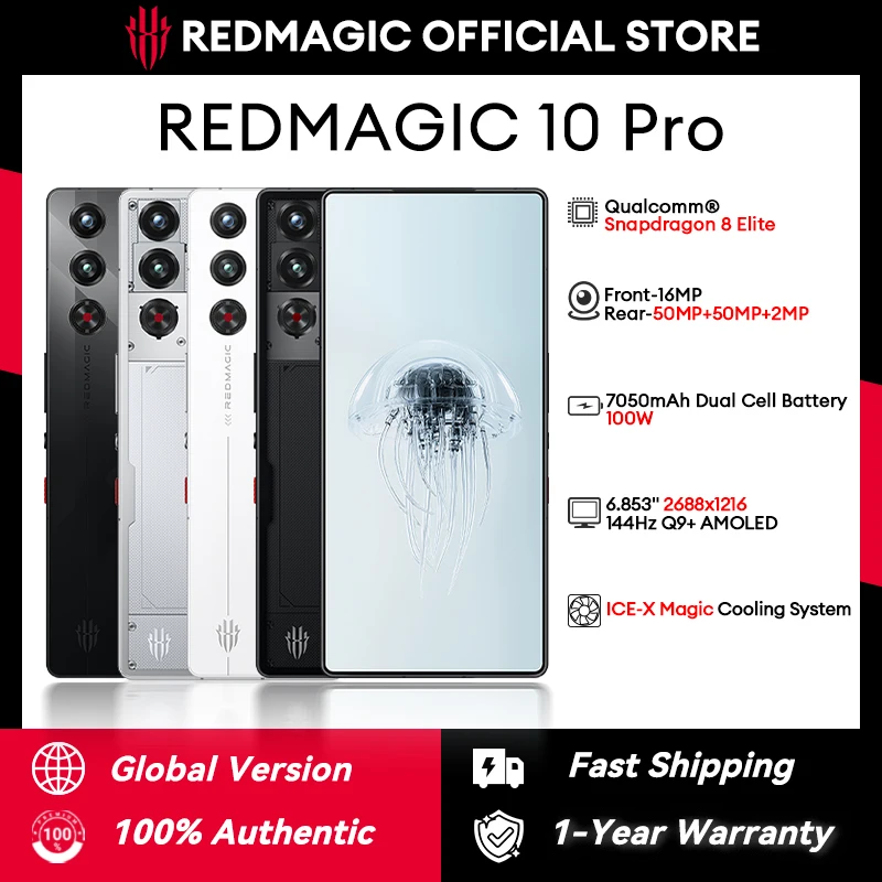 الإصدار العالمي Redmagic 10 Pro Snapdragon 8 Elite 6.853 بوصة Q9+ 144 هرتز 2688x1216 AMOLED 50MP+50MP+2MP 7050mAh 100W NFC