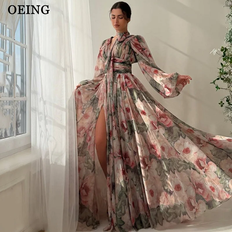 

OEING Romantic A-Line Prom Dresses Deep V-Neck Floral Print High Slit Long Sleeves Evening Dress Prom Gowns vestidos Customized