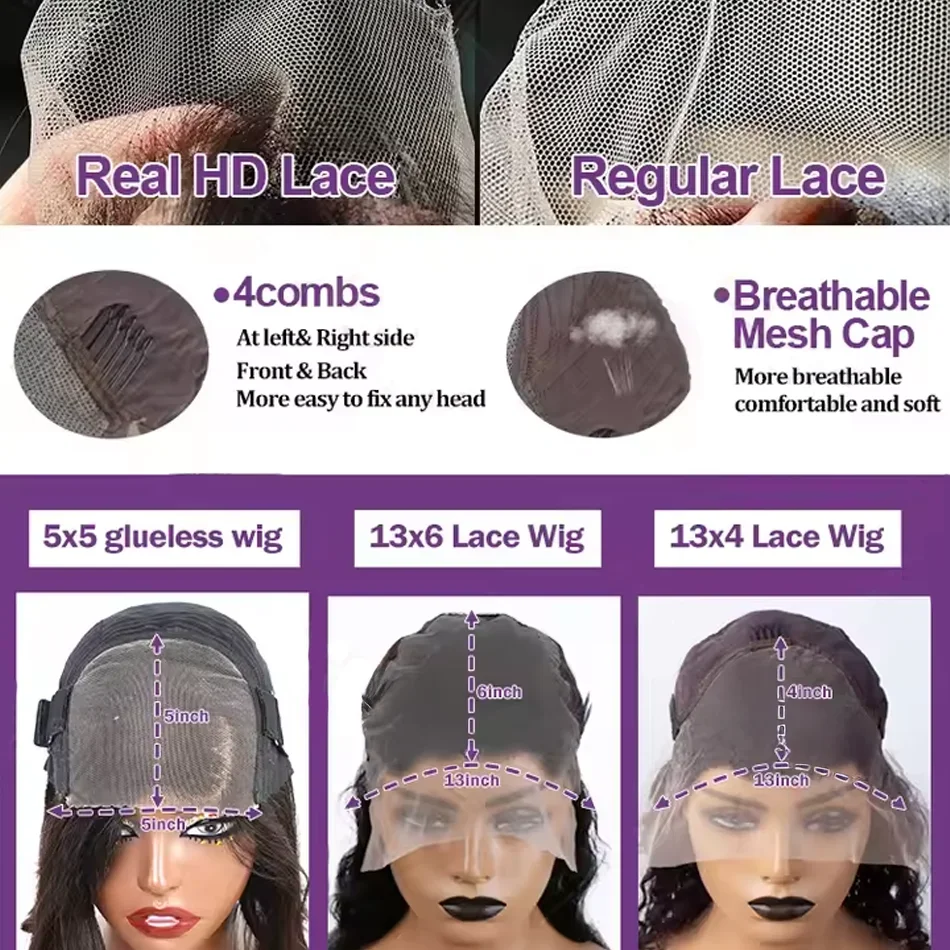 Wig Rambut Asli 100% Brazilian Body Wave 13x6 Hd Lace Frontal Wig dengan Lace Transparan, Kepadatan 250, Panjang 30-40 Inch, Preplucked