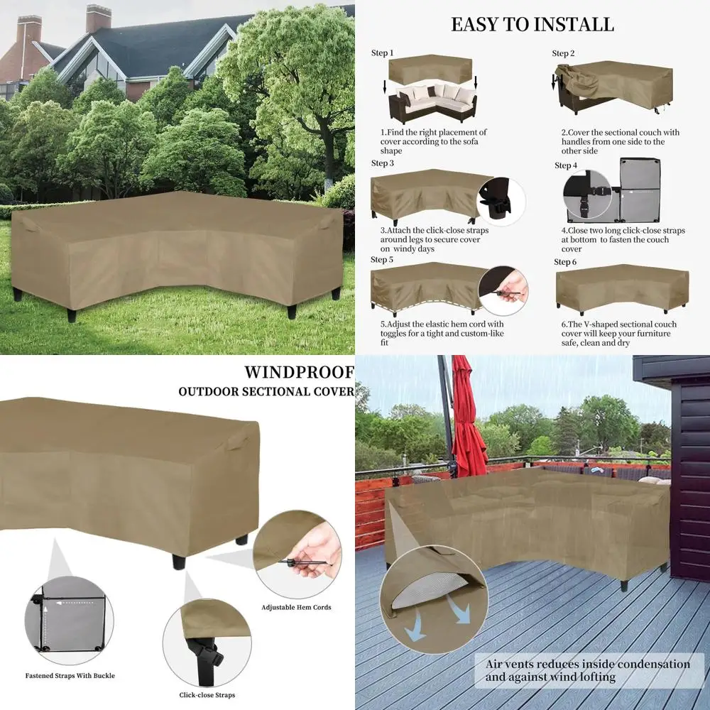 

V-Shaped 89x89 Heavy-Duty Patio Sofa Cover, Waterproof Outdoor Furniture Cover with Air Vent, Camel