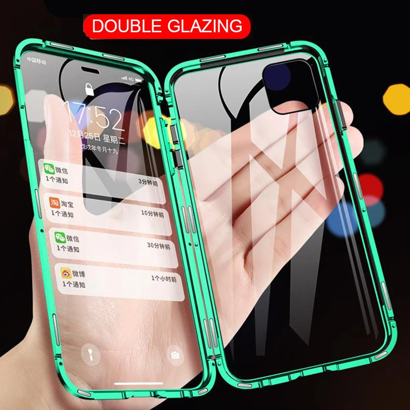 360 Magnetic Adsorption Metal Case For iPhone 13 14 11 12 15 16 ProMax XR Double-Sided Glass Case For iPhone 15Plus Magnet Cover