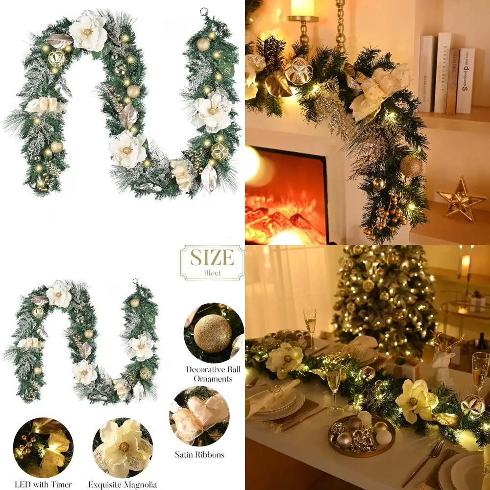 

Illuminated Christmas Garland 9 Feet Long with White and Gold Balls for Outdoor Mantle Decorations