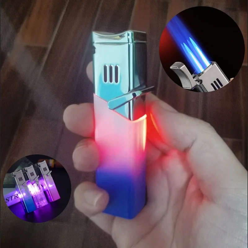 Super Cool Lighter Led Light Windproof 4 Fire Cigar Lighter Jet Gas Lighters Trend Lighter Birthday Gift For Friends