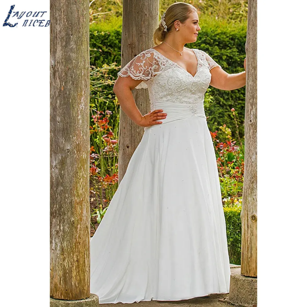 LAYOUT NICEB V-hals Plus Size Chiffon Wedding Gowns Korte Batwing Mouwen Rukless Bruidsjurken Back Lace Up vestido de noivaLAYOUT NICEB V-hals Plus Size Chiffon Wedding Gowns Korte Batwing Mouwen Rukless Bruidsjurken B