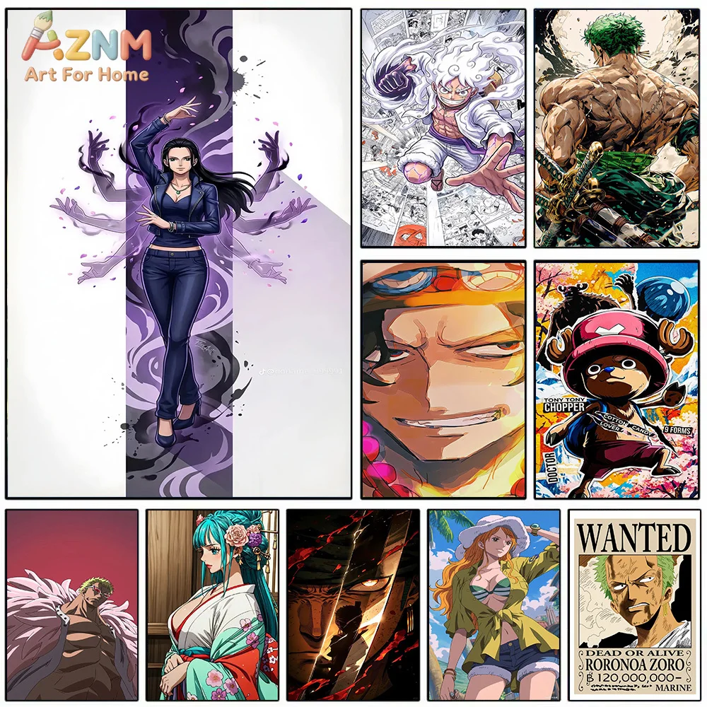 AZNM Lienzo Decorativo de Anime One Piece, Nico Robin, Luffy Gear 5, Roronoa Zoro, Chopper, Nami, Doflamingo, Impresión HD, Lienzo sin Marco
