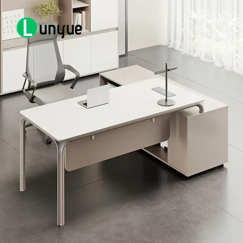 Premium Modern Durable Executive Desk with Wooden Side Table and Lockable Cabinet for Home Office Workspace Storage