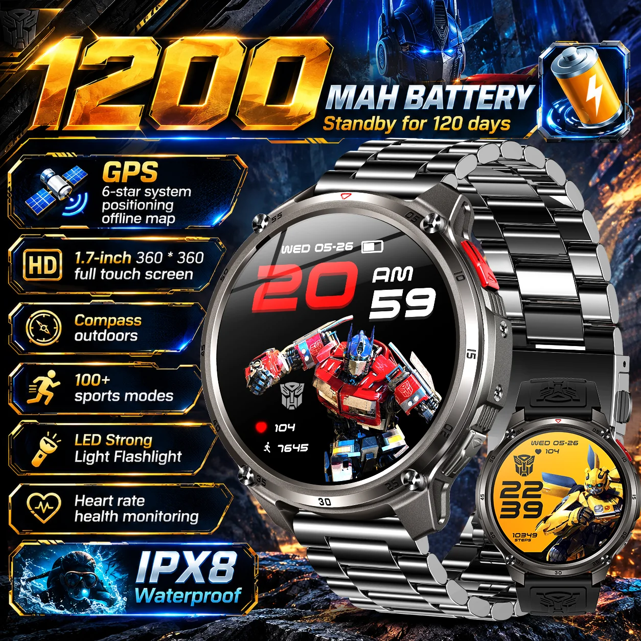 New Transformers Customized 1200mAh Battery Smart Watch Men Outdoor IP68 Waterproof GPS Bluetooth Call 1.7