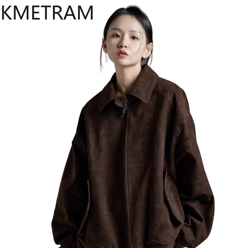 KMETRAM 100% 천연 양가죽 진짜 가죽 재킷 올드 머니 스타일 2025 겨울 중간 길이 여성 의류
