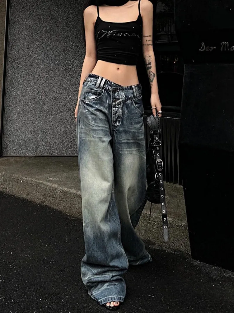 Y2K Fashion Trend New American Spice Girls Make Old Jeans Wome Streetwear Clothes Oversize Irregular Hot Silver Wide Leg Pants