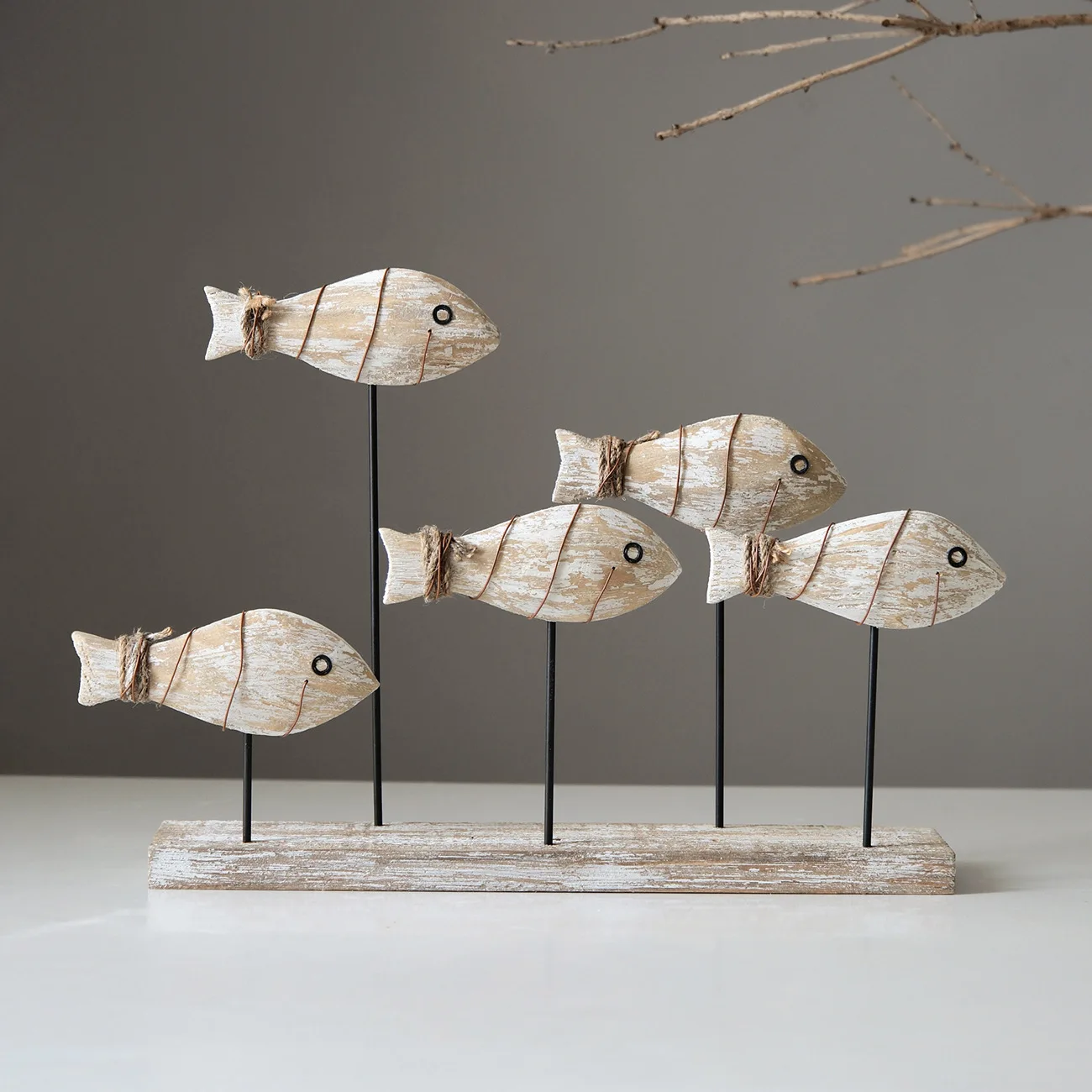 Retro Mediterranean Style 3D Wooden Shoal of Fish DecorationsHand Carving Ocean Desktop Crafts Ornaments DIY Bar Cafe Home Decor