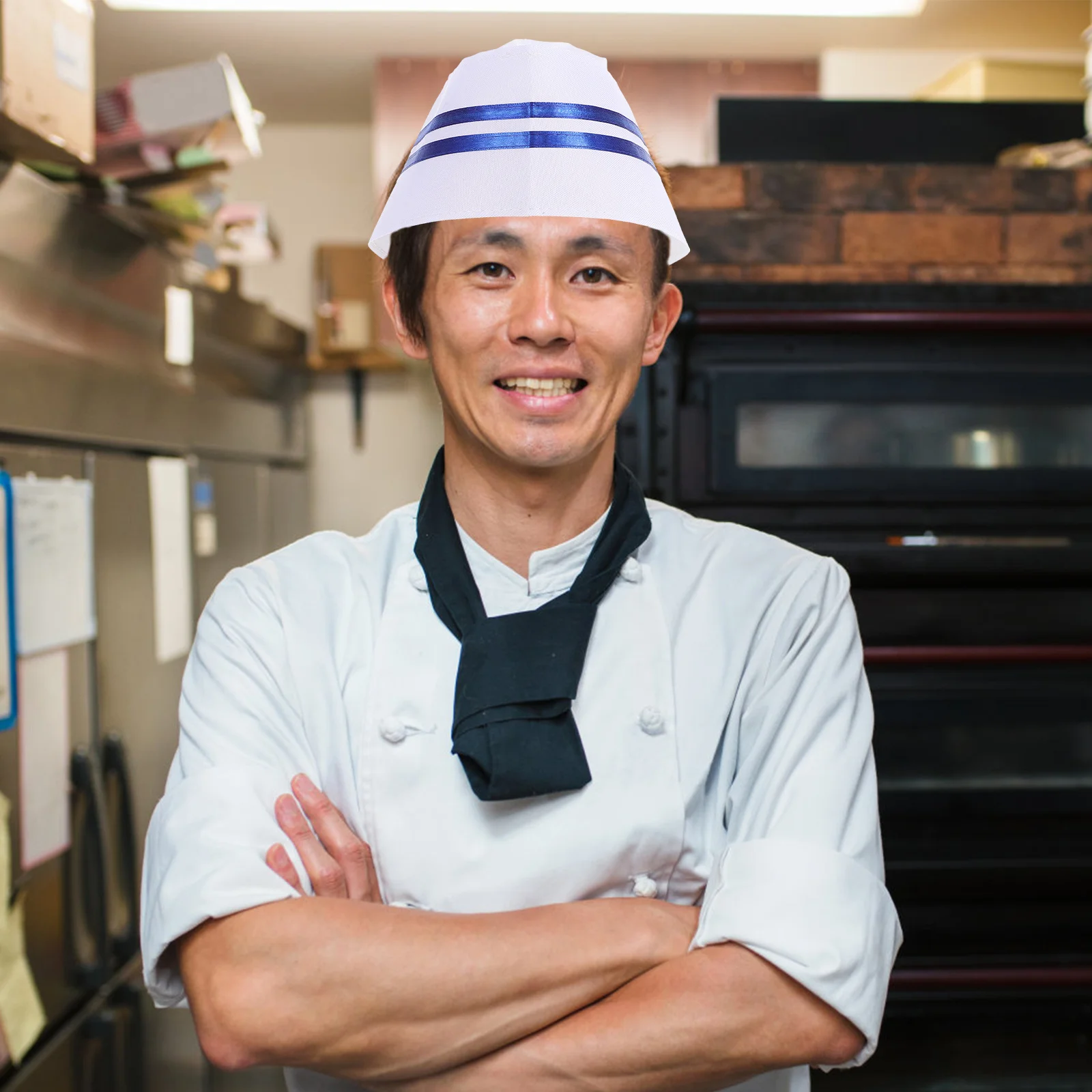 Sturdy Chef Hat Blue Edge Design Adult Cooking Cap for Bakers Catering Staff Unisex Kitchen Work Hat for Long Shift Comfort