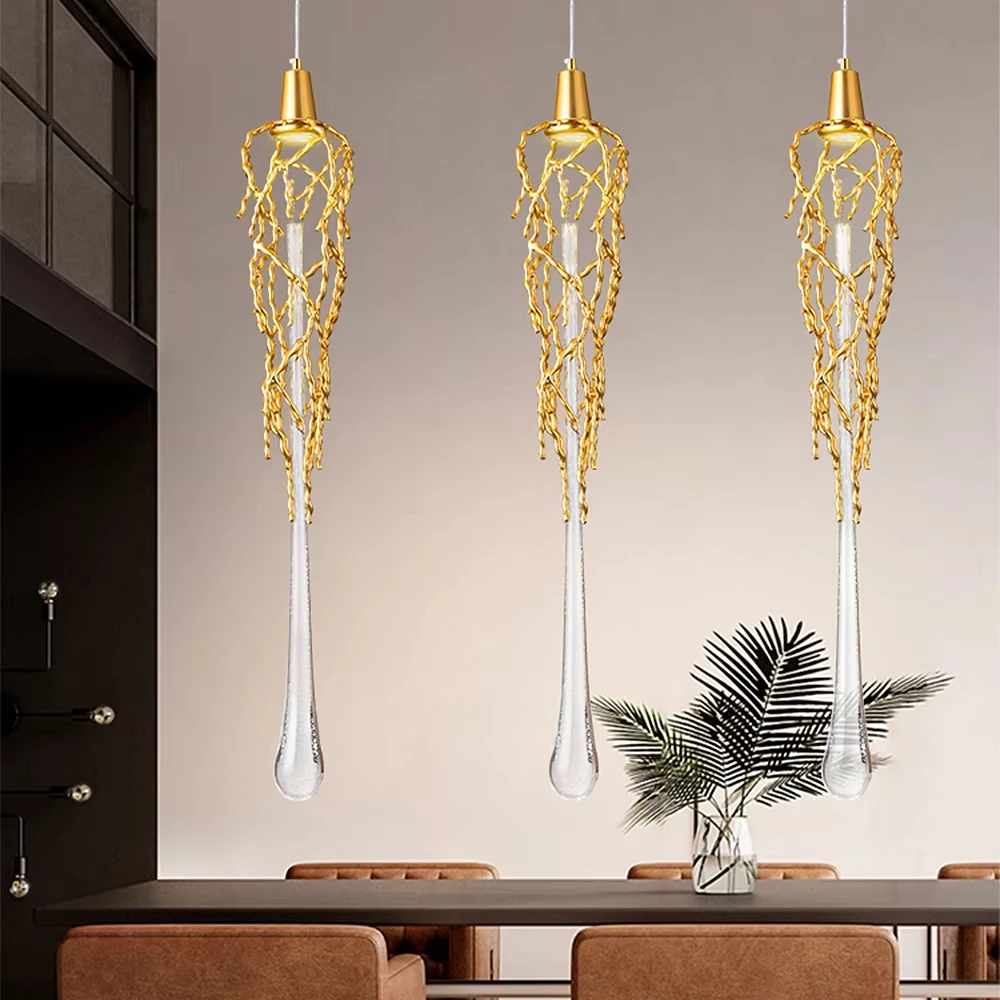 

Vintage Long Pendant Lamp led Postmodern Creative Villa Dining Room Living Room Gold Aluminum Crystal Pendant Lights