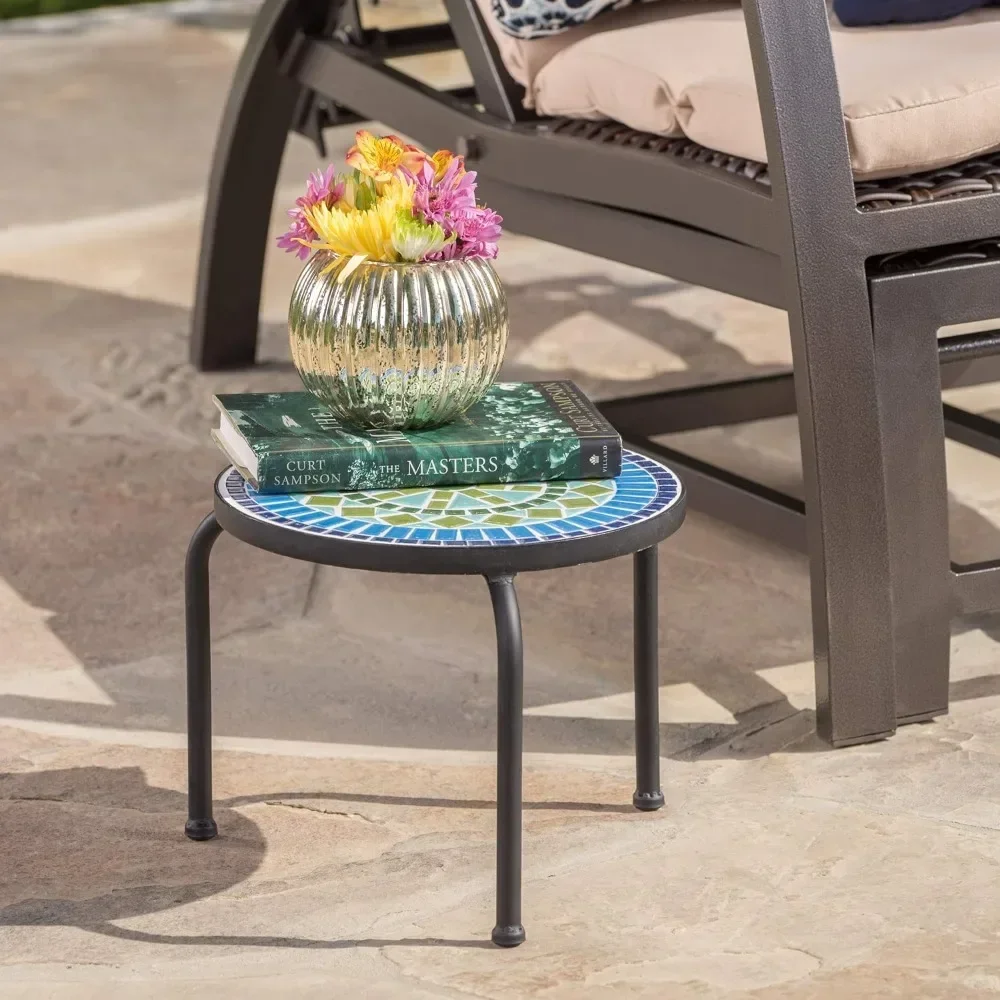 Iris Outdoor Ceramic Tile Side Table with Iron Frame, Blue / Green 13