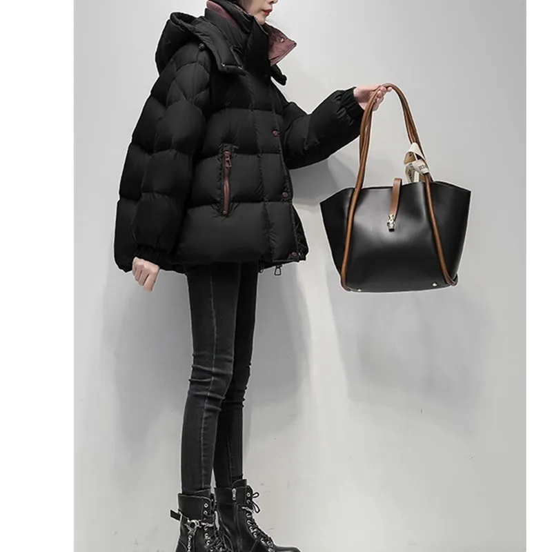 

Black Short Bread Jacket Down Jacket Women's Hooded Coat 2025 Winter New Korean version 90% White duck down Thicken Coats Parka