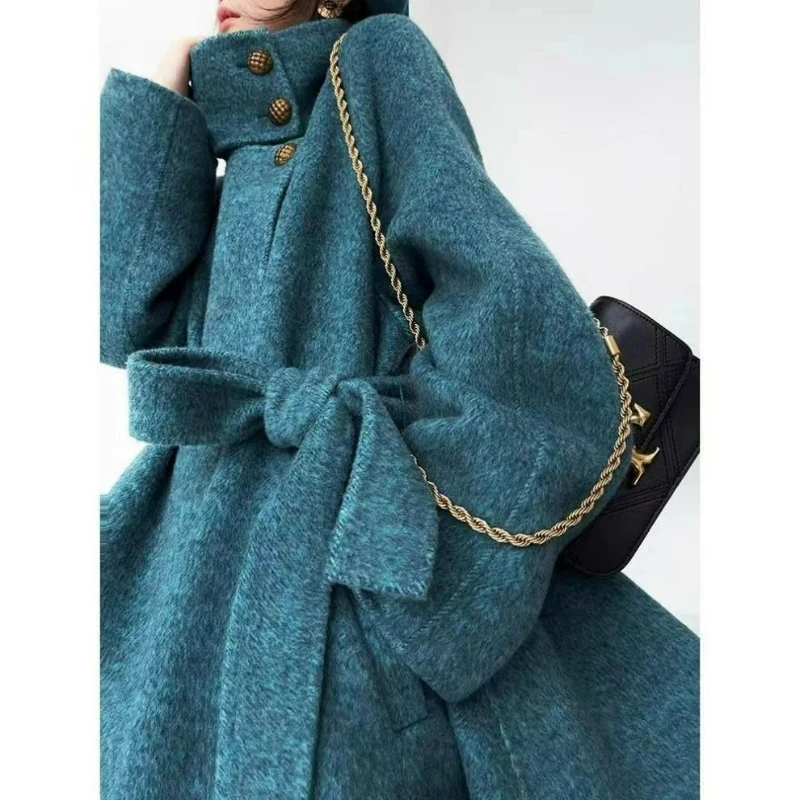 

Двустороннее шерстяное пальто с воротником-стойкой для женщин, высококачественное, синее, осень 2026, новая модная модель, на шнуровке, свободного кроя, элегантная шерстяная куртка