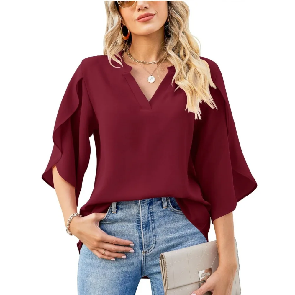 

Spring Summer New European and American Women's Loose V-Neck Chiffon Solid Color Shirt