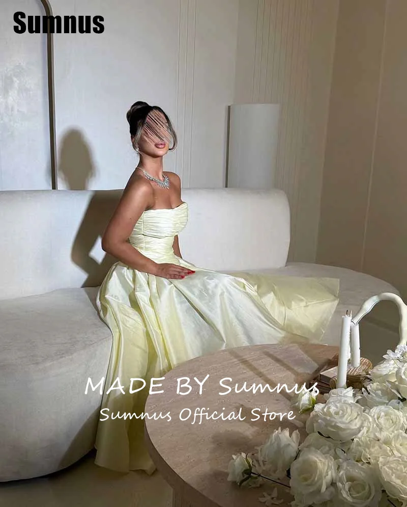Sumnus فساتين سهرة بسيطة على شكل حرف a أصفر فاتح بدون حمالات بدون أكمام طيات فساتين الحفلات بطول الكاحل فساتين لحضور الحفلات الموسيقية حسب الطلب