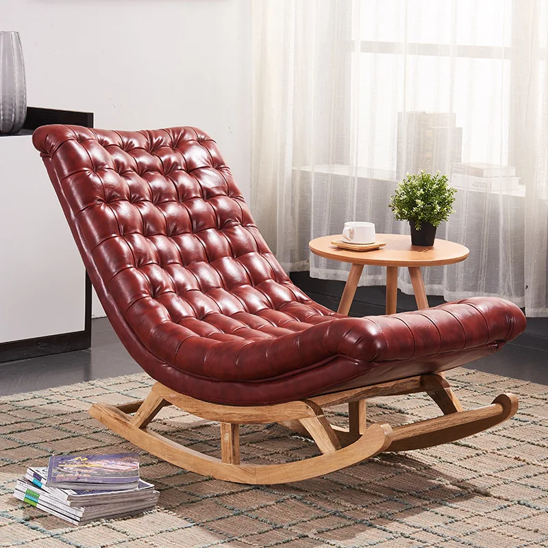 Nordic Modern Solid Oak Wood Rocking Chair with Leather Adults Elderly Home Nap Balcony Living Room Leisure Factory Direct Sales