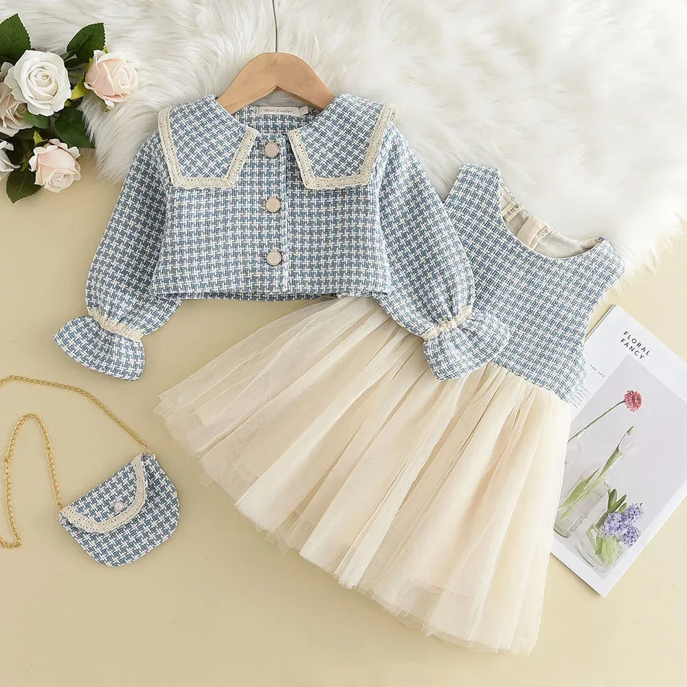 New girl Cardigan top coat dress 3pc/lot w/bag girls baby children autumn spring fashion clothes students 2-7y 90-130 plaid