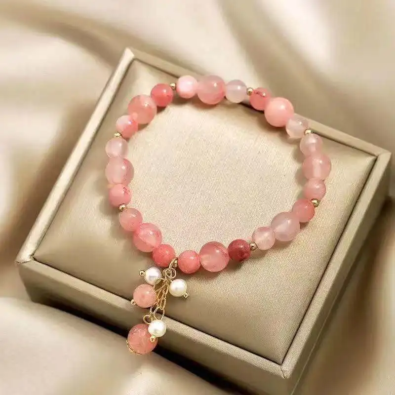 Pink Crystal Natural Stone Bracelet Reiki Energy Strand Bracelets Bangles For Women Prayer Blessing Health Wristband Jewelry