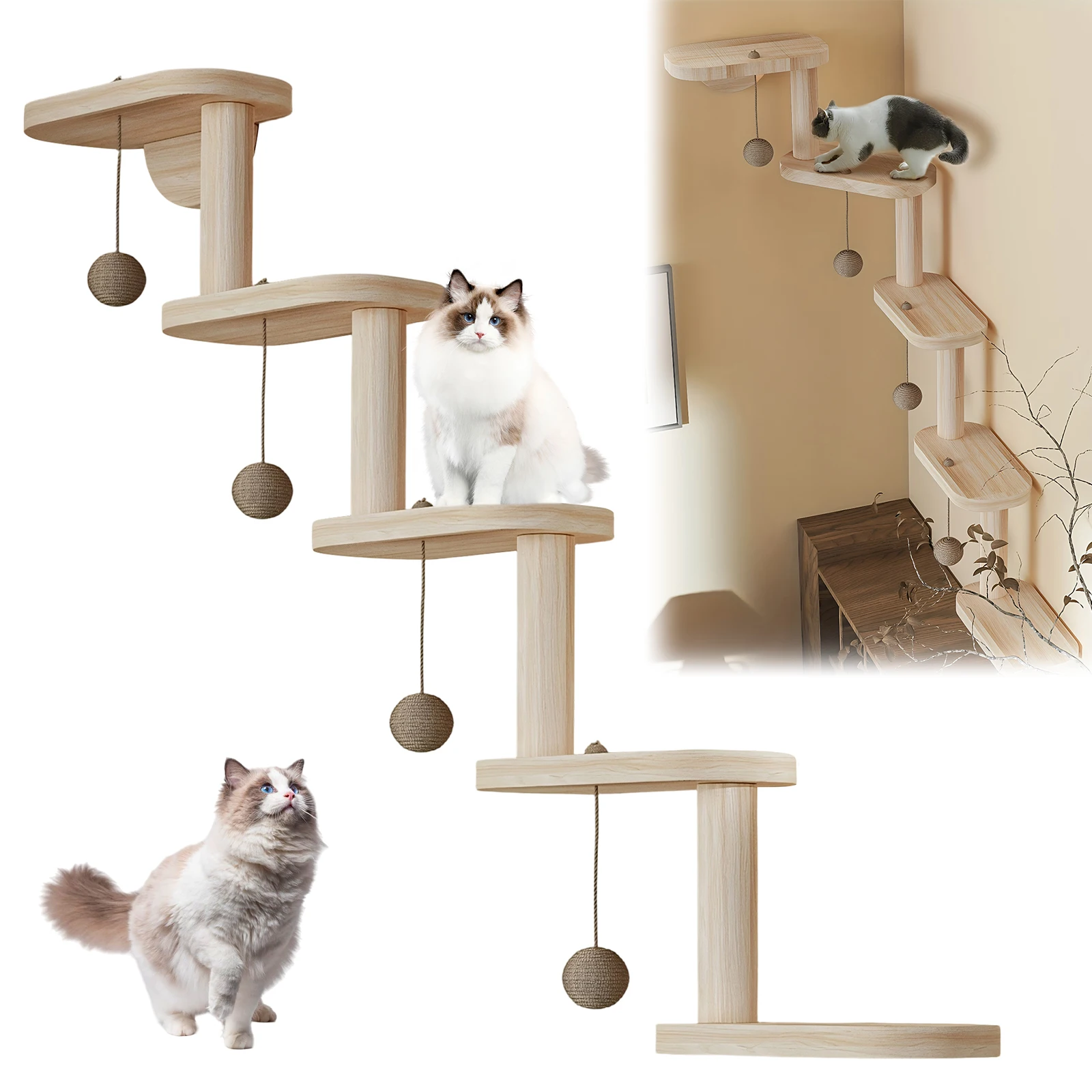 

Wall Mounted Wooden Cat Climbing Frame with 5 Step Cat Climbing Shelves Cat Wall Steps Shelves for Climb Play Nap Scratch