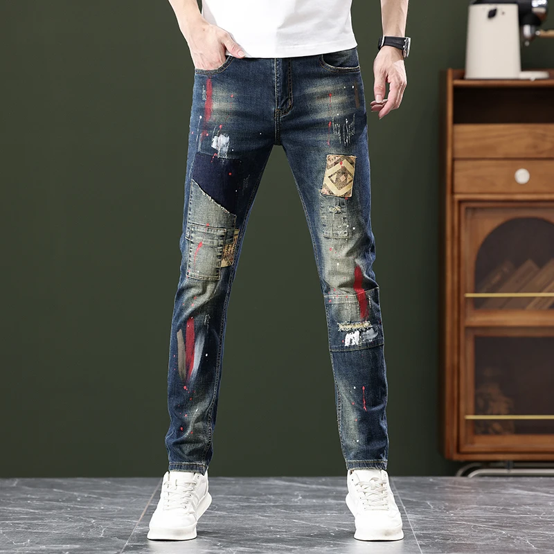 Jeans for men spray painted embroidery ripped patches patchwork slim fit and small leg pants denim mens jeans streetwear