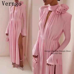 Verngo Pink Crepe Evening Dress For Women Deep V Neck Long Puff Sleeves Prom Gown Simple A Line Standard Size Outfit