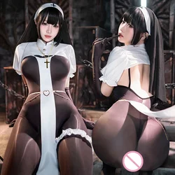 Plus Size Sexy Nun Uniform Cosplay Halloween Costume Lingerie Open Crotch Jumpsuit Black Perspective Tight Onesie Shapewear