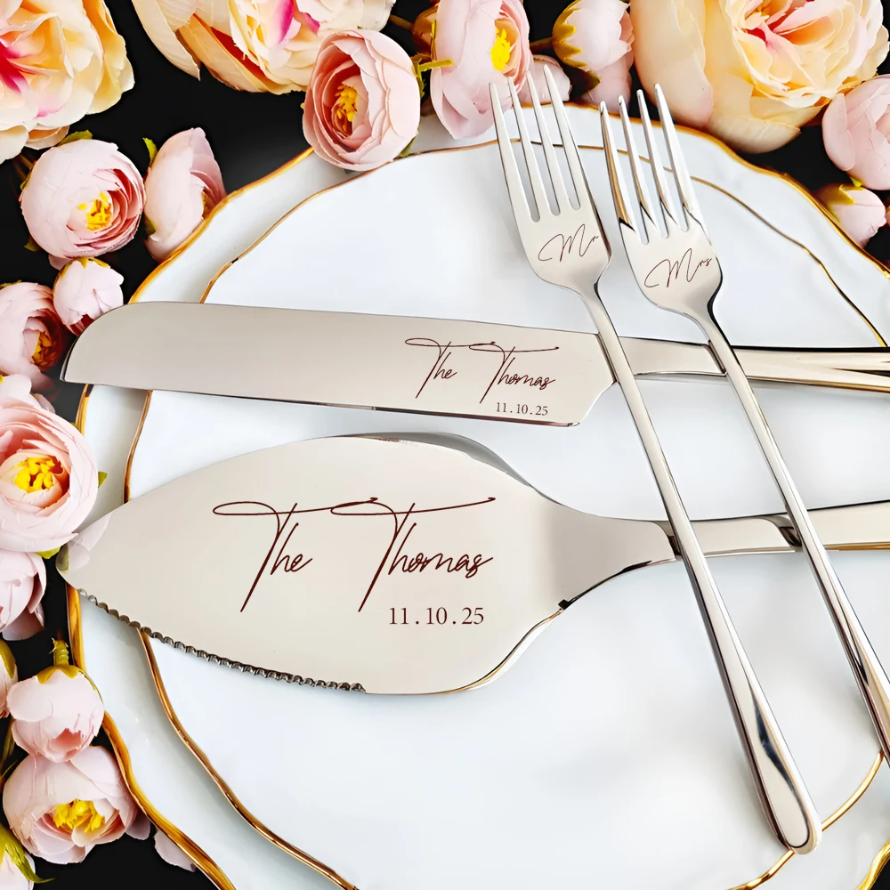 Wedding Cake Cutting Set, Personalized Cake Knife Server Forks Set Wedding, Bridal Shower for Laser Engraved Cake Cutting Set