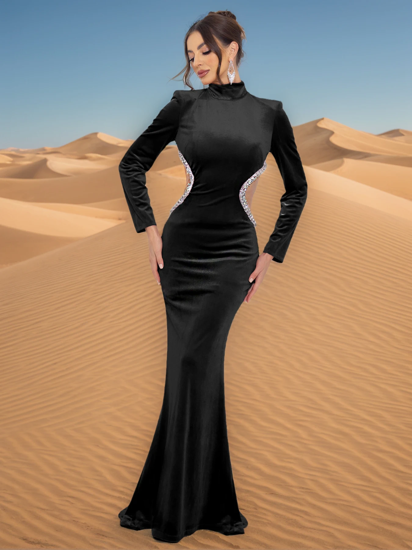 

Romagic O Neck Long Sleeves Hand Beading Waist Hollow Out Party Prom Ball Gown Red Velvet Formal Evening Dress Floor Length 2025