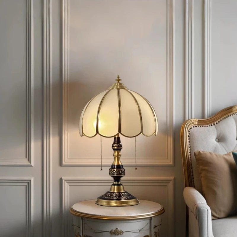 الإيطالية الرجعية جميع النحاس سحب الحبل التبديل مصابيح طاولة الزجاج الأبيض عاكس الضوء غرفة المعيشة غرفة نوم دراسة مطعم LED مكتب أضواء #3