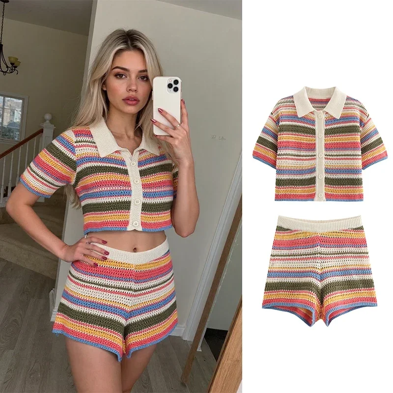 Women's Striped Knit Crop Top and Shorts Set