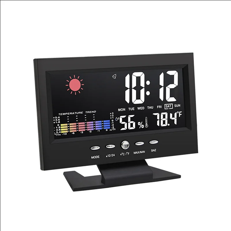 1Set Lcd شاشة ملونة غفوة الرقمية ساعة تنبيه درجة الحرارة الرطوبة الوقت تاريخ عرض ساعة المنزل الأسود-ELEC