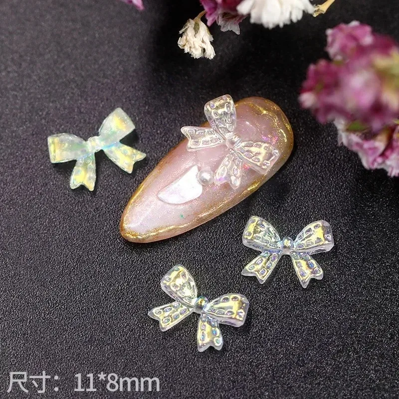 20PCS Cute Aurora Nail Charms Accessories Bow Butterfly Bear Flower Heart 3D Acrylic Nails Art Decoration Rhinestones Supplies