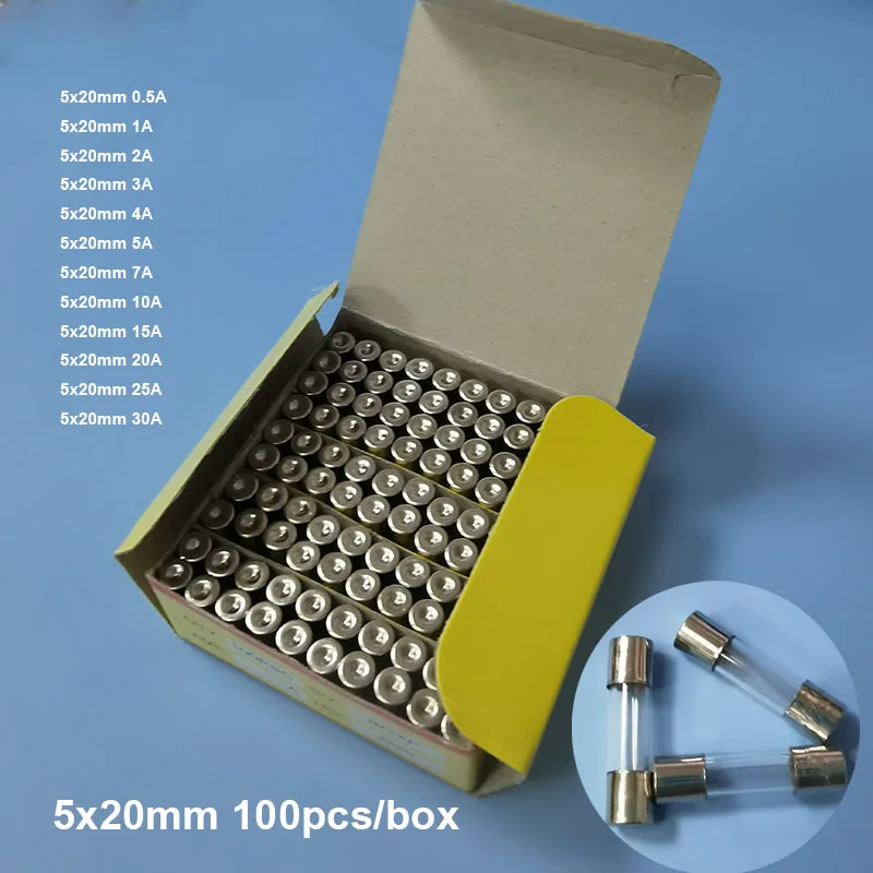 100pc/box 5mmx20MM GLASS tube Quick Blow FUSE 5*20 Fast Blow insurance 5X20MM 250V 0.5A/1A/2A/3A/4A/5A/7A/10A/15A/20A/30A 2cm