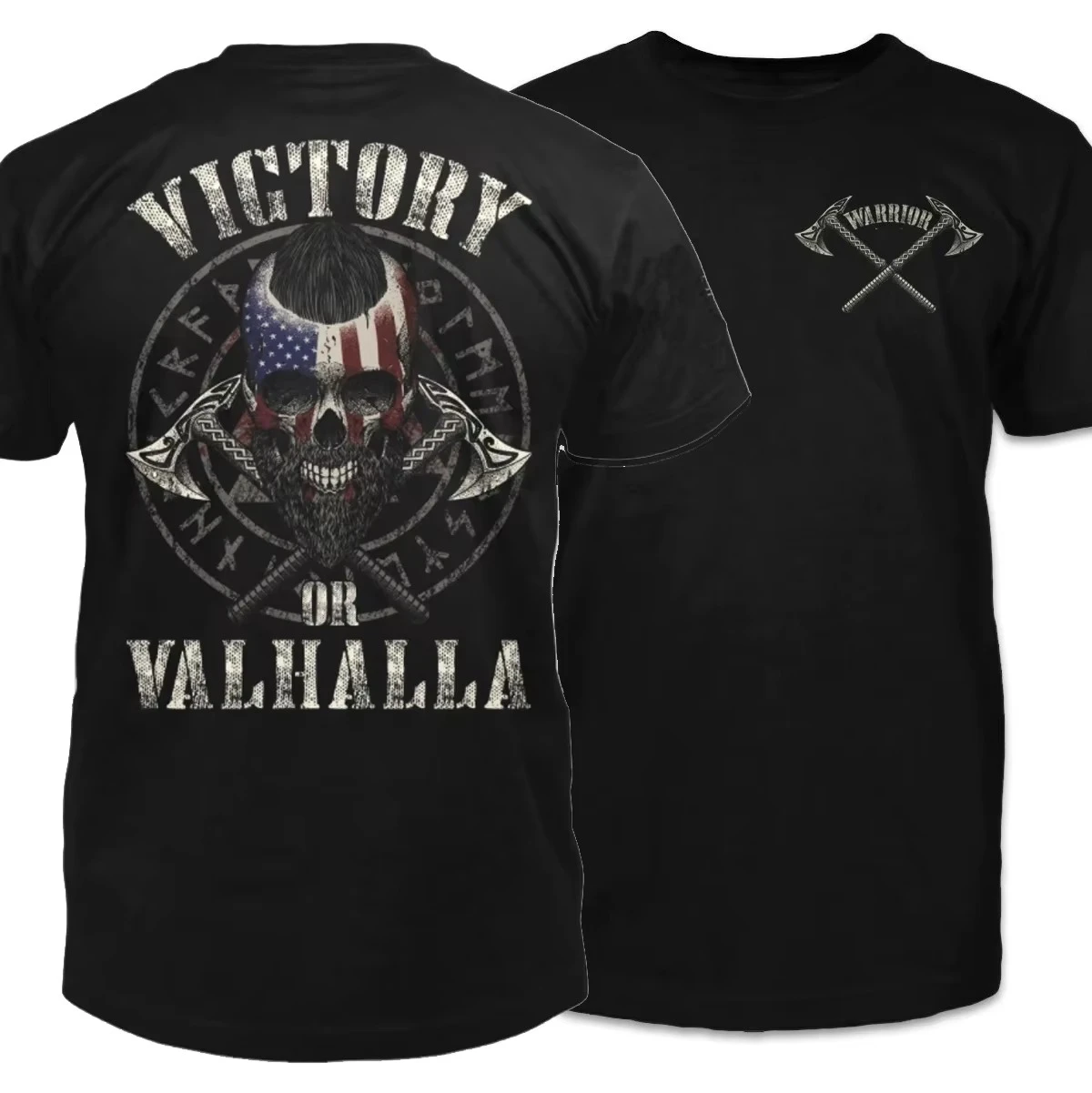 Victory or Valhalla  Skull American Warrior T-Shirt 100% Cotton O-Neck Short Sleeve Casual Mens T-shirt Size S-3XL