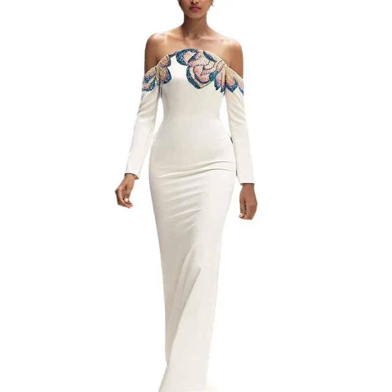 豪華なイブニングドレス ウェディングドレス パーティー フォーマルガウン オフショルダー ビーズ刺繍 長袖 マーメイドシルエット エレガント