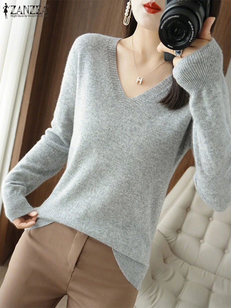 

ZANZEA женские повседневные базовые пуловеры, свитера FW 2025, новый однотонный уютный вязаный свитер с v-образным вырезом и длинными рукавами, женский топ, 4 цвета