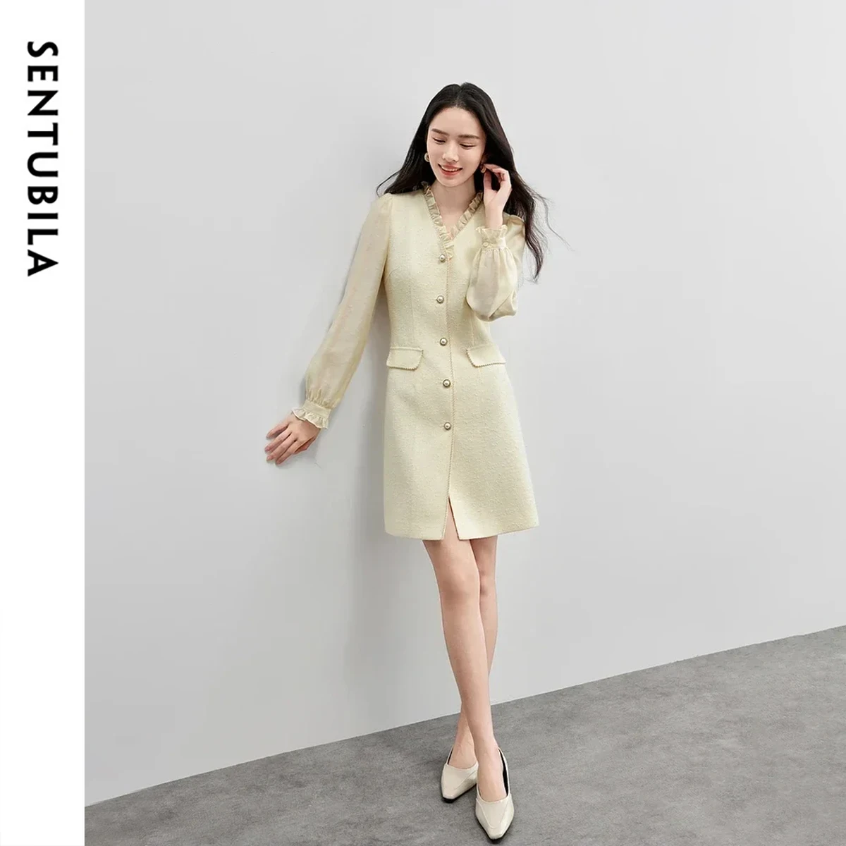 

SENTUBILA Elegant Mini Dresses for Women's Spring 2026 French Style Vintage Tweed Ruffles Lantern Sleeve Party Dress 151L58332