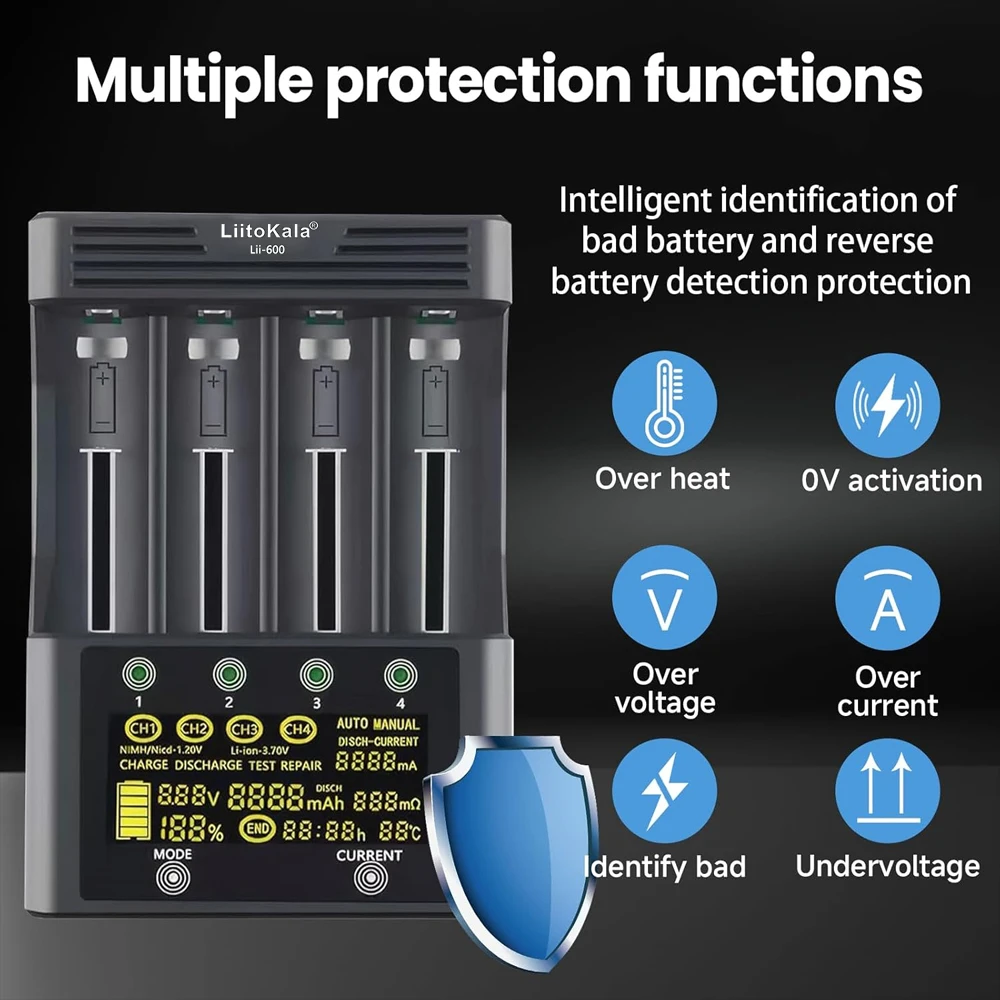 

Универсальное зарядное устройство LiitoKala Lii-600 для литий-ионных NiMH аккумуляторов 1,2 В, совместимых с 18650 26650 21700 26700 18350 AA AAA