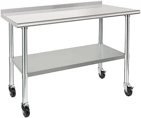 24 x 48 Inch Heavy‑Duty Stainless Steel Work Prep Table with Wheels and 2 Inch Backsplash, NSF‑Certified Commercial Kitchen Table with Adjustable Undershelf for Restaurant, Hotel and Home Kitchen